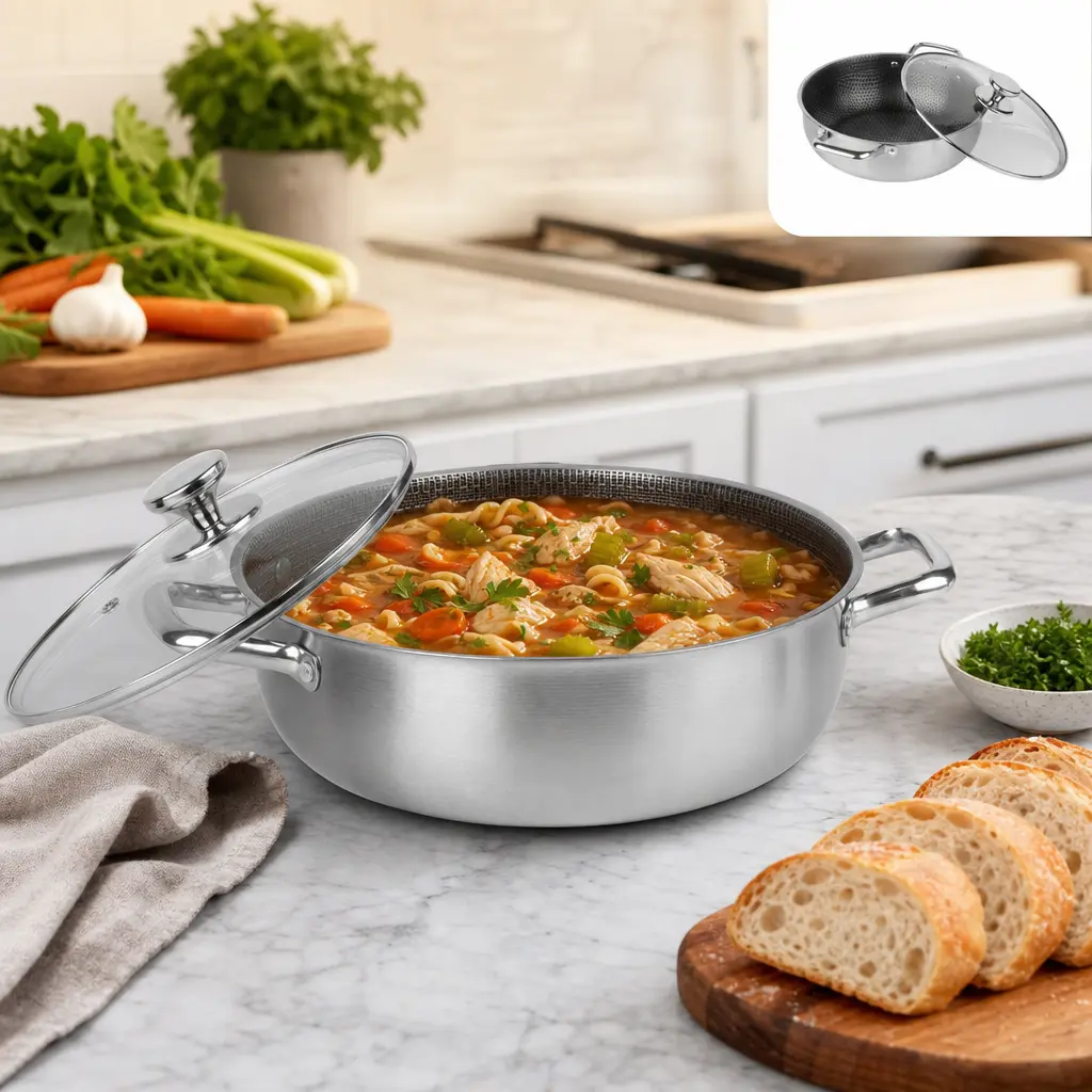 Stainless Steel Soup & Hot Pot, Double-Handled Kitchen Cookware with Glass Lid, Family-Sized Instant-Cooking Pot for Home Use and Gifting
