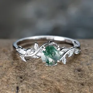 Promise Ring, Inlaid with Moss Agate, Vintage Leaf Design, Engagement/Wedding Ring, High-Quality Ring, Perfect Gift for Your Loved One