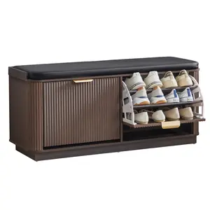 Giratree 43.3'' Fluted Shoe Rack Bench with 2 Flip Drawers, Entry Bench Seat with 3-Tier Shoe Storage and Leather Cushion, Shoe Organizer Bench for Entryway, End of Bed, Living Room