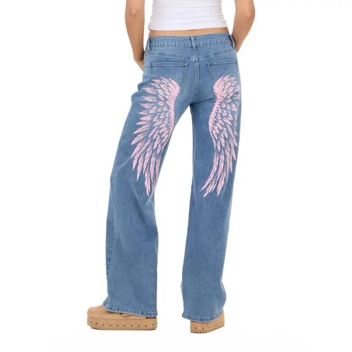 Forever 21 Women's Low-Waist Wide-Leg Denim Pants with Screens and Patches