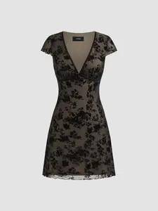 Cider Mesh V-neck Floral Bow Mini Dress