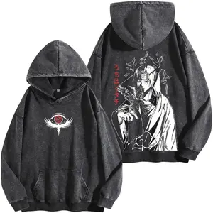 Akatsuki Red Cloud Washed Hoodie – Naruto Anime Vintage Washed Heavy Cotton Oversized Manga T-Shirt & Hoodie, Double Printed Retro Unisex Streetwear Graphic Top, Dark Ninja Organization
