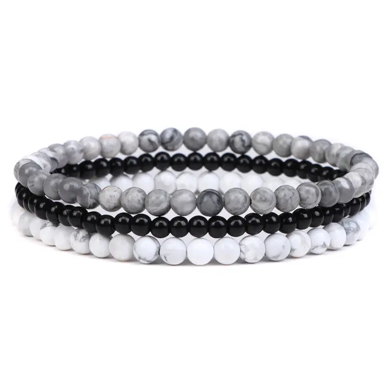 4mm Natural Stone Beaded Bracelet Set for Women Men, Elastic Handmade Stretchable Unisex Wristband, Simple Fashion Gemstone Jewelry, Great Gift for Birthday Anniversary Party Business Meeting Daily Wear