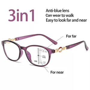 3 In 1 Progressive Multifocal Reading Glasses -  +1.0 to +4.0, Anti Blue Light Glass for Women Eyeglasses Purple (Progressive)