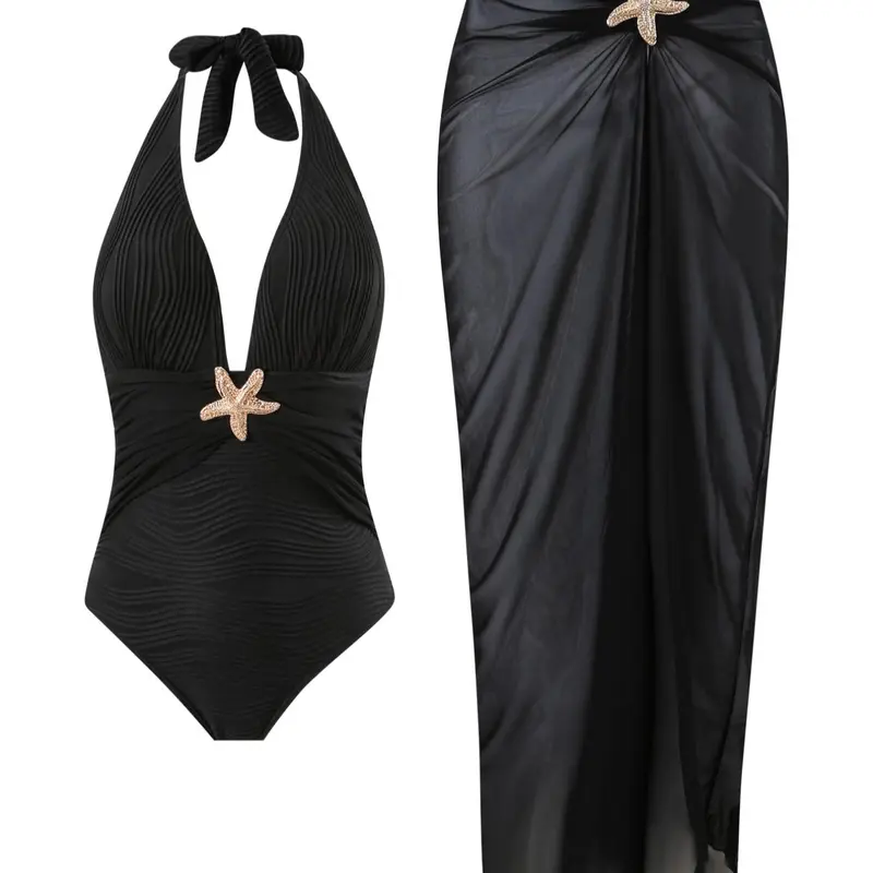 Women's Solid Color Starfish Decor One-piece & Beach Skirt Set, Casual Fashion Tie Back Swimsuit with Skirt for Beach Holiday Vacation, Ladies Swimwear for All Seasons, Swimsuit Beachwear, Sea Fancy Swimsuits, Stretch Fabric Swimwear