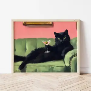 Vintage Black Cat on Sofa Poster – Green & Pink Cocktail Print, Aesthetic Wall Art for Living Room, Artistic Room Decor