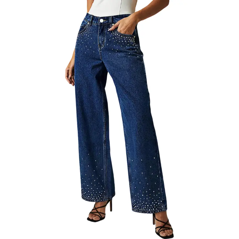 Flamingals Wash Rhinestone Decor High Rise Straight Leg Jeans Womenswear 28.7" Inseam
