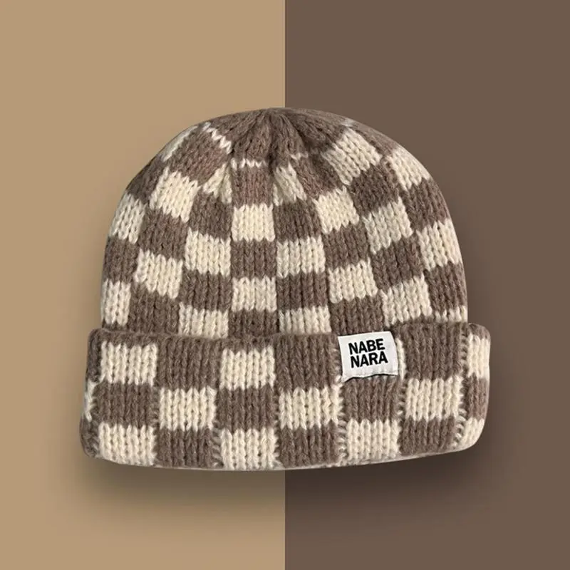 Women's Stylish Checkered Knit Beanie - Cozy & Stretchy Unisex Winter Hat for Street Style, Perfect Winter Accessory for Cold Weather Adventures