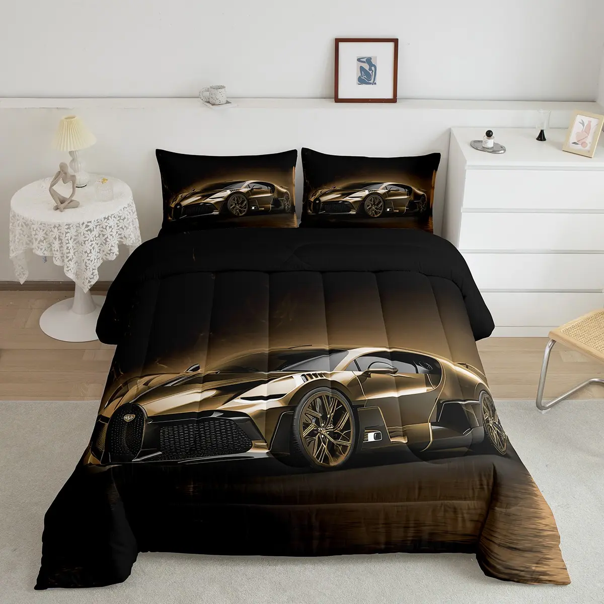 Feelyou Lightweight Sports Car Comforter Set - Brown Race Car Designer Quilt, Extreme Sports Theme Luxury Bedroom Bedding, Cool Speed Decorative Bedding Set, Bedroom Bedding Set