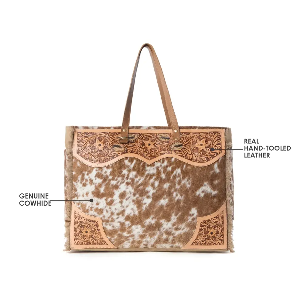 Women's Western Structured Tote Bag - Casual Hand-Tooled Leather & Cow Hide Purse with Top Handle and 2 Side Water Bottle Pockets, Two Side Water Bottle Pockets