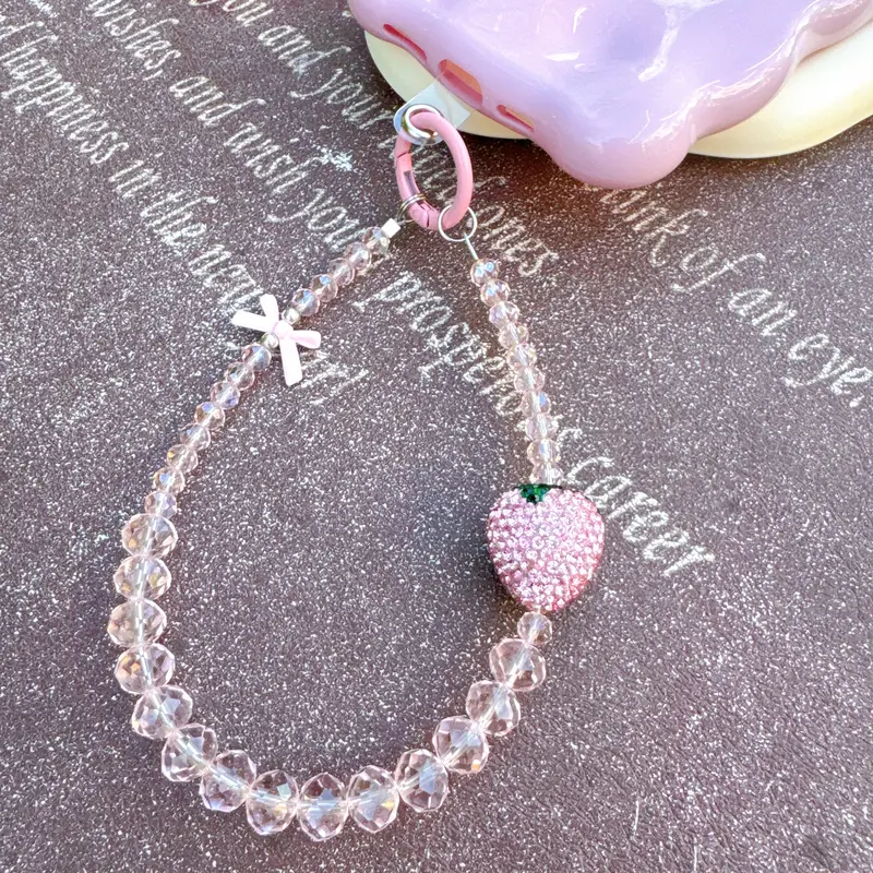 Premium sense rhinestone strawberry mobile phone chain crystal wrist beaded lanyard anti-drop crystal mobile phone chain anti-lost key chain Wireless Charm Aesthetic Cloth Smartphone Cellphone