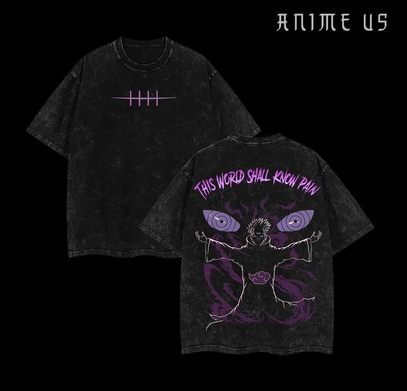 Menswear Pain Nagato Vintage Unisex Oversize Shortsleeve Round Neck Seamless Stylish Acid Washed Heavyweight Cotton Anime Manga Graphic T-shirt, for Anime Lovers & Merch Fans