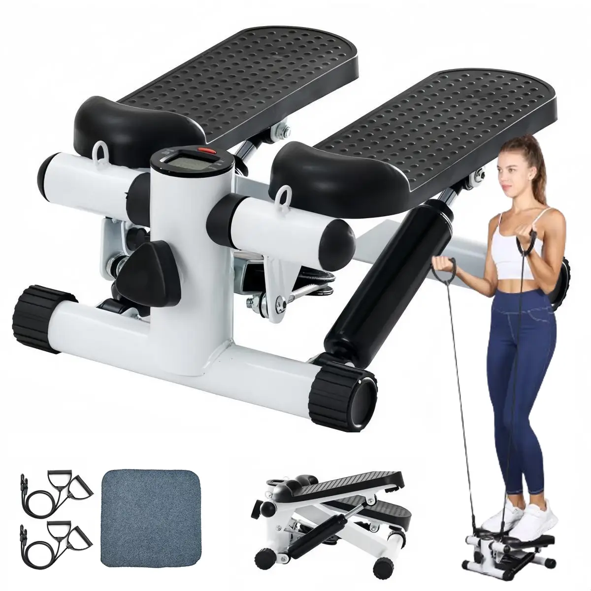 Black Step Machines Mini Stepper Fitness Machine with Resistance Band/LCD Monitor for Legs and Arm, Includes Cardio Workout Equipment