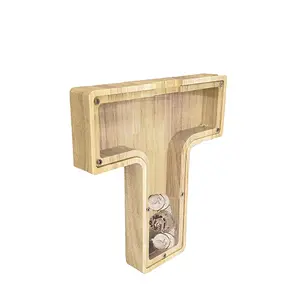 FixtureDisplays®  First Name Initial Personalized 7" Tall Wooden Kids Letter Piggy Bank Custom Name Coin Bank, Wood Alphabet Letter Bank Money Box Birthday Home Decoration - Letter "T" 15553NEW-T-NF