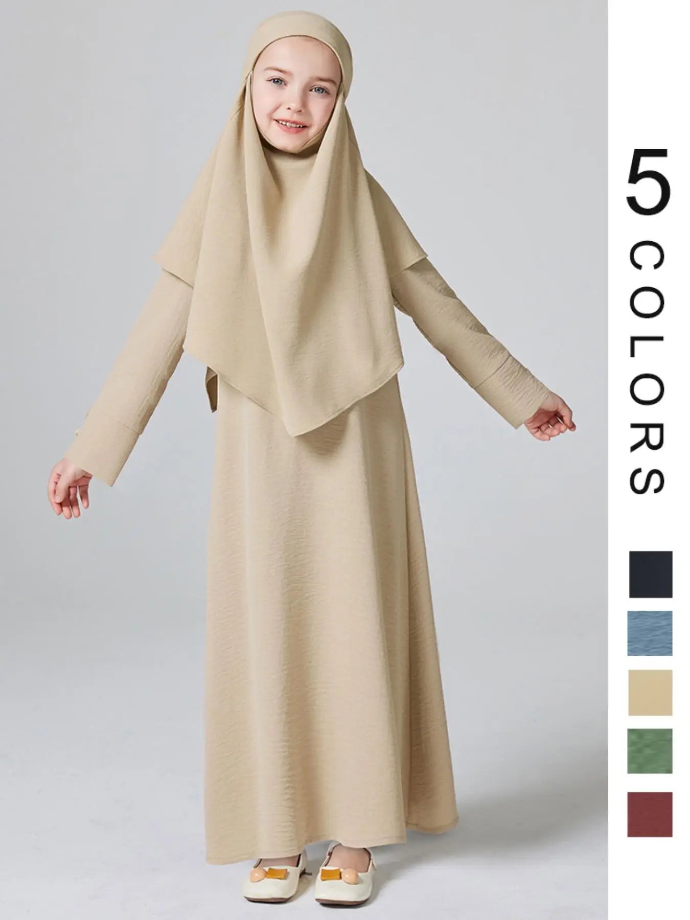 Muslim Girls' Solid Button Front Arabian Dress & Hijab Set, Modest Long Sleeve A Line Dress & Tudung Hijab for Girls, Muslim Clothing for Summer, Kids