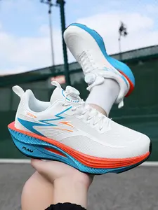 Unisex White-Blue-Orange Rotary Buckle Professional Running Shoes, Rotary No-Tie Easy Wear, Full-Palm Carbon Plate Propulsion Speed-Up, Breathable Flyknit Upper Refreshing