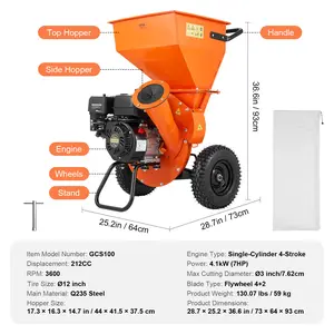 VEVOR Wood Chipper Shredder Mulcher, 7HP Heavy Duty Gas Powered Engine, 3" Max Diameter 212cc 4.1 kW, 4-Stroke 3-in-1 Woodchipper, Fast Chipping Chopping for Forestry, Gardens, EPA Certified