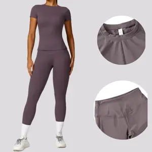 Women's Solid Color Sports Set Round Neck T-Shirt & Leggings Yoga Outfit Workout Sportswear Slim Fit All-Season Wearable