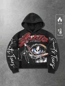 Men's Graphic Hoodie, with Eye & Saints Print, Thermal Warmth, Streetwear Style, Rhinestone Accents, Loose Fit, Edgy Fashion, Drop Shoulder Hoodie