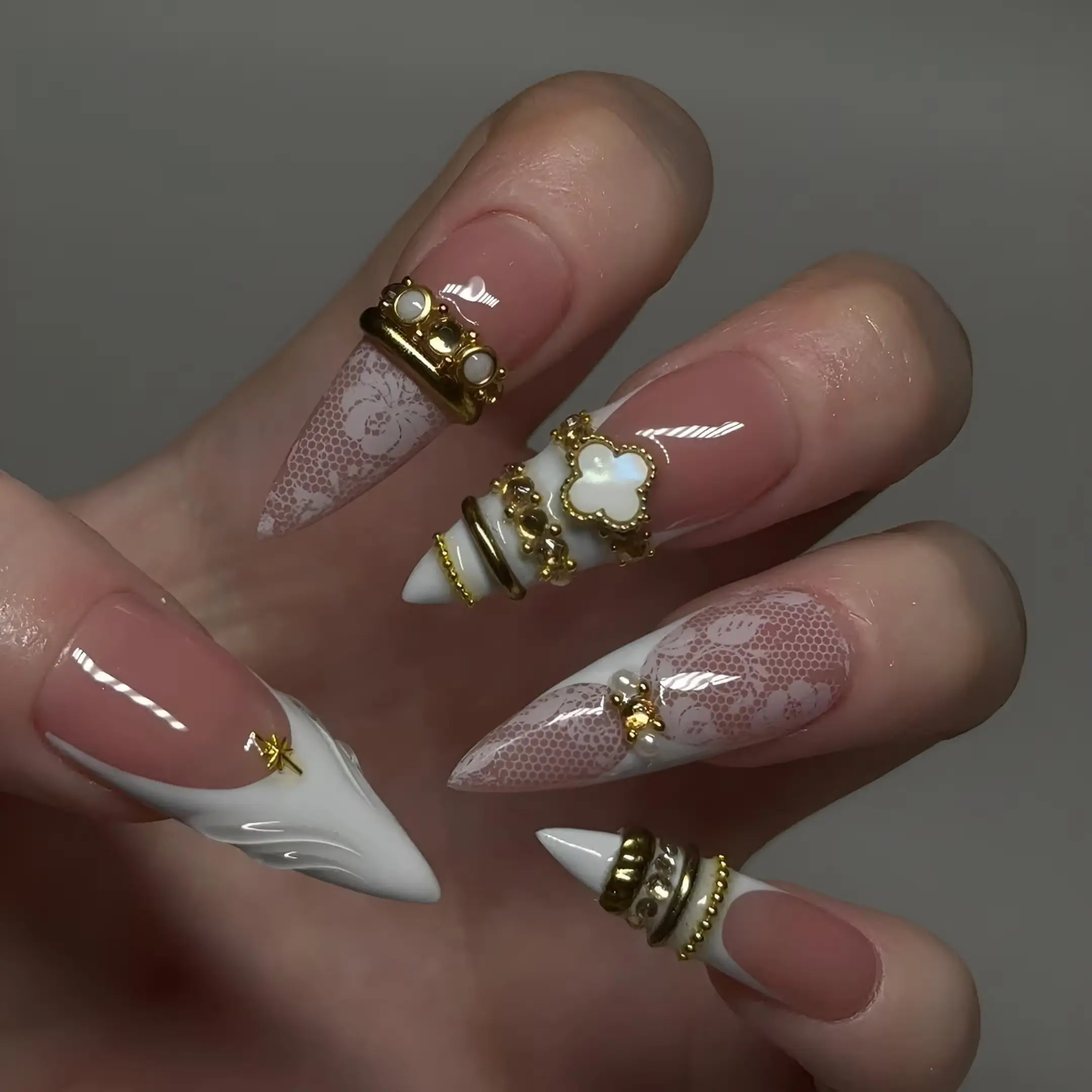 Gilded Lace French Tip Press On Nails: Royal Charm Wedding Set