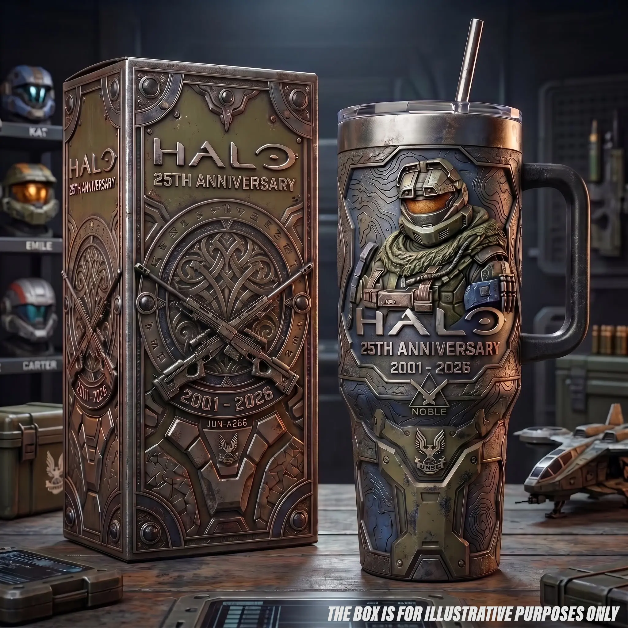 Halo 25th Anniversary 2001-2026 Tumbler, 40oz Insulated Stainless Steel Travel Mug Straw, Halo Reach Jun-A266 Noble Team Sniper Rifle Car Cup, Sci-Fi Video Game Gamer Collector Edition Merchandise Gift Idea Video Game Fans