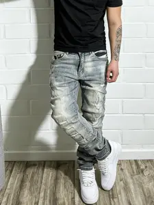 High Street Trendy New Men's Jeans Slim Fit Ripped Denim Patched Vintage Wash Distressed Beggar Pants Long Trousers, Casual Style, All Seasons