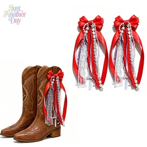 2Pcs Independence Day Boot Charms, Red White Blue Bow Shoe Accessories, Patriotic Star Tassel Ribbon Ornaments for Cowboy Boots