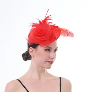 Fascinator Hat for Women Tea Party Wedding Kentucky Derby Headband TF-1914 Red Fabric with Feather Accent One Size Fits All Handmade Net & Feather Design