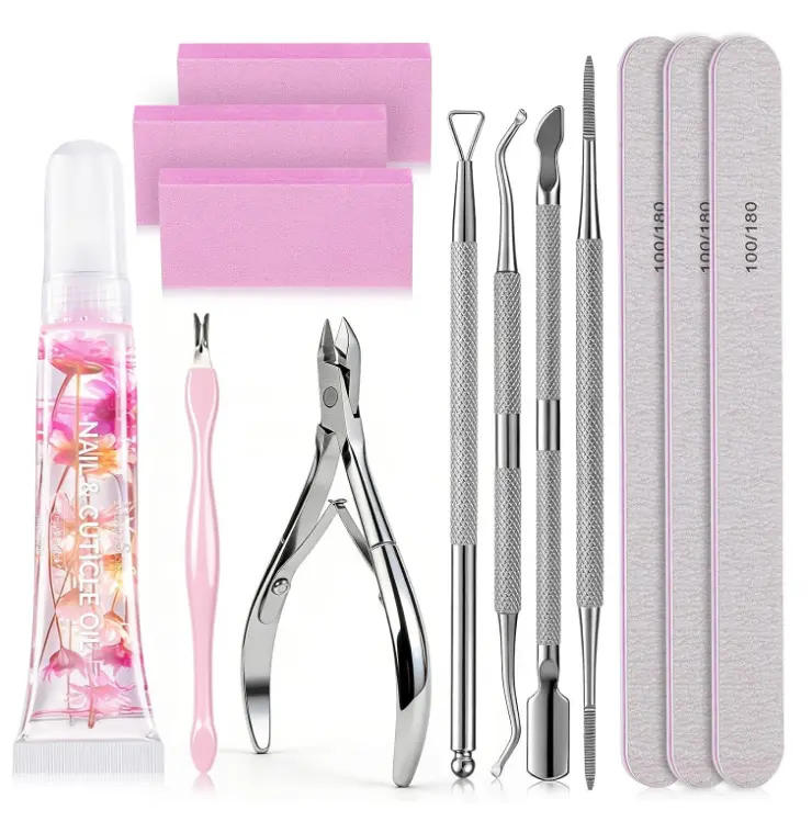 MelodySusie Nail Care Kit Nail Prep Set Cuticle Remover | Cuticle Trimmer,Cuticle Pusher, Nail File and Buffer Blocks,Portable Cuticle Oil and Ingrown Toenail Removal Tool,13Pcs