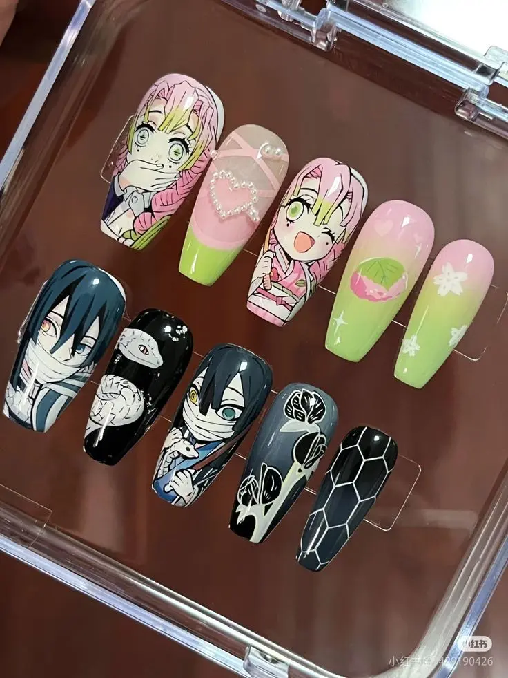 Demon Slayer Mitsuri & Obanai Inspired Press On Nails – Handmade Anime Gel Nails with 3D Heart & Pearl Charms | Reusable Glossy Fake Nails with Free Adhesive Tabs Nail File Cuticle Stick