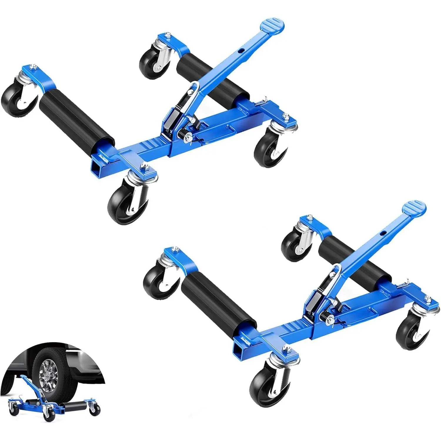GARVEE Heavy Duty 2 Dollies Set Car Wheel Dolly Jack - 1500-4500 lbs Capacity, 12 in Steel Rollers, 360° Swivel Casters, Ratcheting Foot Pedal, 22.5"x20"x5", Anti-Slip Handle, Aluminum Build, for Auto Repair Shops, DIY Enthusiasts, Garage Repositioning