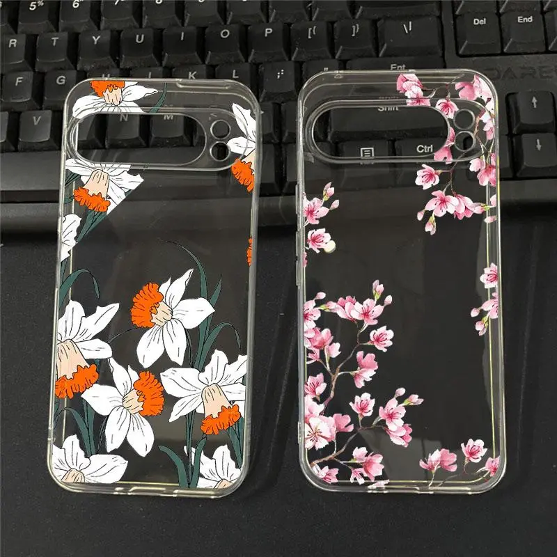 Girls Flower Plum Blossom Phone Case for Google Pixel 9 8A 8 7 7A 6A 6 Pro XL Pink Magnolia Transparent Cover for Google 10 Pro