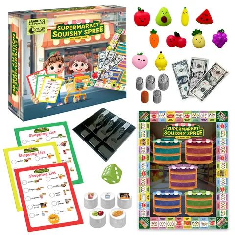 Supermarket Squishy Spree - Money Skills Board Game for Kids, Grades K-2, Ages 4+, Count Coins & Dollars, Practice Budgeting & Smart Spending, 2-6 Players