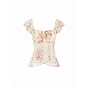 Cider Chiffon Floral Square Neck Twist Knotted Ruffle Sleeve Crop Top