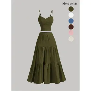 Women's Solid Crop Cami Top & A-Line Skirt Two-piece Set, Casual Fashion Cozy Outfits for Daily Outdoor Wear, Ladies Clothes for Summer