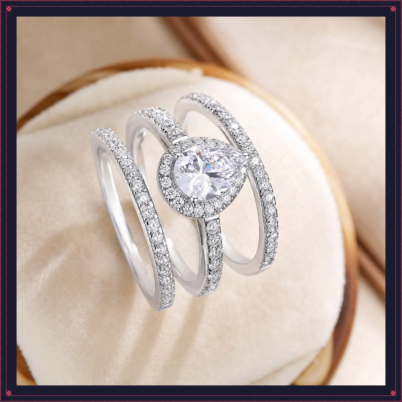 GEMSME 1.5CT Waterdrop Pear Cut Halo Ring Set Cubic Zirconia Wedding Engagement Promise Eternity Rings for Women, Mother 's Day  Birthday Gift Jewelry Sizes 5-10 3-in-1 R-1014