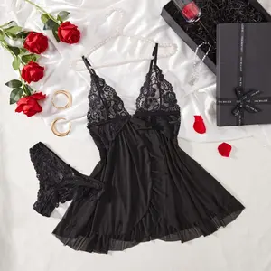 AESKEIA Women's Deep V-Neck Lace Pleated Lingerie Set Lightweight Flared Skirt Elegant for Special Occasions Feminine Elegance Loungewear