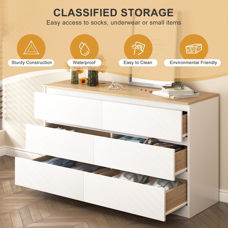 Spaco Modern 6 Drawers  Wood Dresser for Bedroom Organization,Double Dresser Wide Large Storage Chest of Drawers & TV Stand for for Closet, Living Room, Hallway,Small Place Organizer