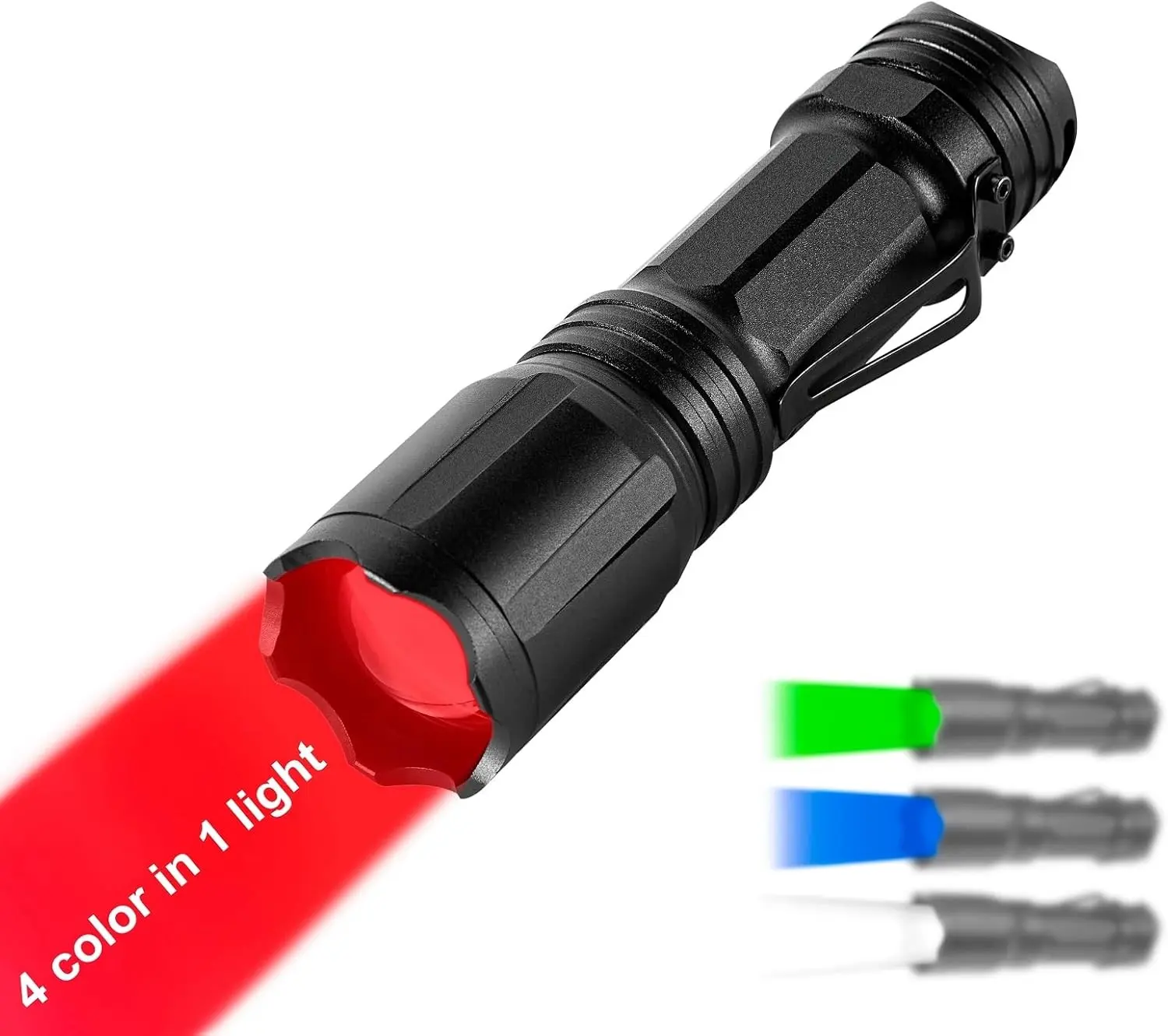 Upgraded Zoomable Red Flashlight, 4 Color in 1 | Green Red Blue White Multi-Color RGBW LED, Memory Function, Night Vision, Fishing, Astronomy