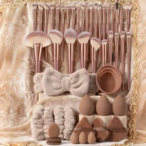 46 Piece Makeup Tool Set, Includes 30 Brushes, 3 Sponges, 3 Mini Sponges, 3 Triangle Puffs, 3 Mini Cushion Puffs, Cleaning Brush, Hairband, Hand Bowls, Makeup Brush Kit,Gifts For Women