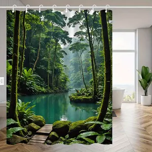 [Vibrant Shower Curtain] Premium Polyester 1pc Tropical Rainforest Landscape Print Shower Curtain Vibrant Jungle Art Machine Washable & Includes Hooks for Spa-Like Retreat Elegant Shower Curtain Nature-inspired Decor Durable Fabric