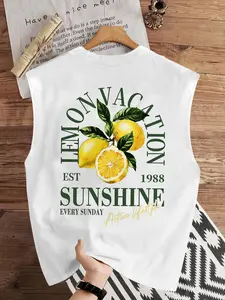 Men's Casual Fitted Vest with Graphic Fresh Lemon Back Pattern, Comfortable and Durable, Perfect for Daily Wear or Outdoor Sports