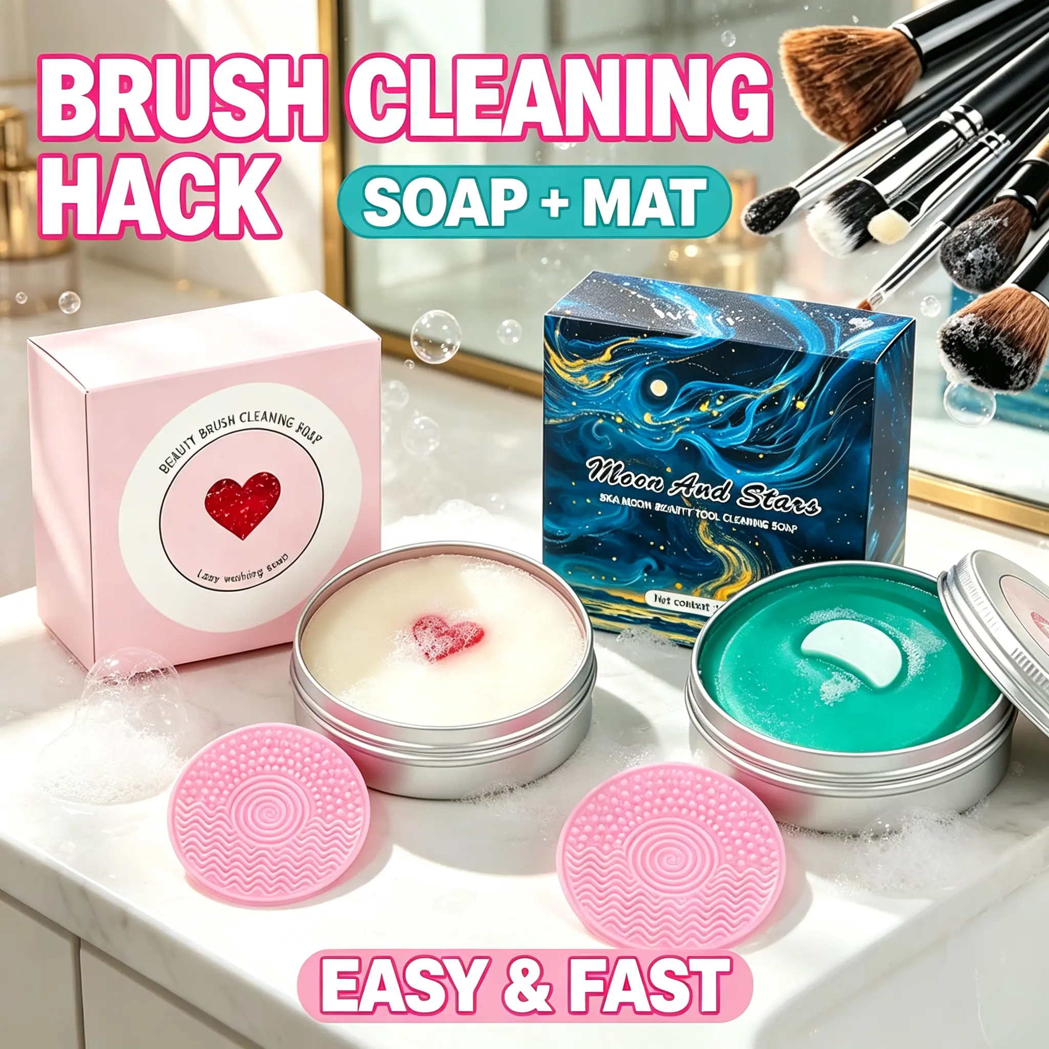 Cute Heart & Moon Makeup Brush Cleaning Soap with Silicone Scrub Pad, 3.52oz/100g Gentle Solid Beauty Tool Cleanser, Deep Clean for Makeup Brushes, Beauty Blenders and Powder Puffs