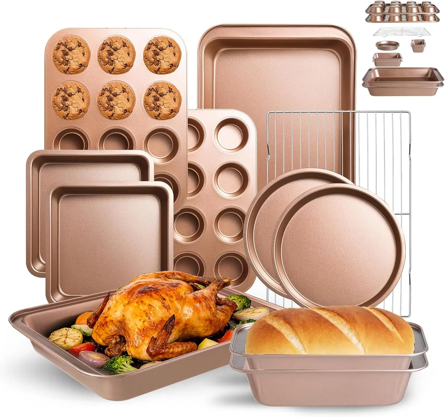 11-Piece Nonstick Baking Pans Set - Professional Grade Carbon Steel Bakeware with Premium Coating- Dishwasher Safe, Stackable, Oven Safe to 450°F (Champagne)