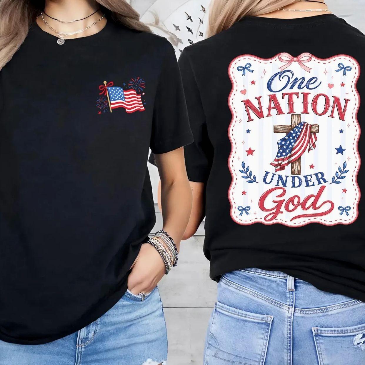 One Nation Under God 2 Sider Shirt, 4th of July Patriotic Coquette Bow Tee American Flag USA Preppy Red White Blue Comfort Colors Shirt, Trending 4th of July Day Tee, Casual Outfit, Comfortable Menswear & Womenswear Top, Gift For Men and Women