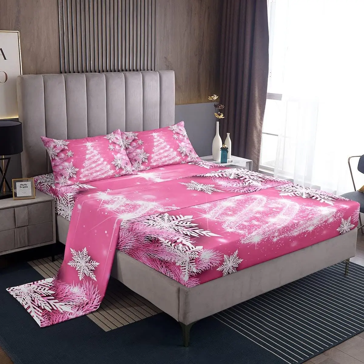 Feelyou Pink Snowflake Complete Sheet Set - Breathable Soft Microfiber Household Bedding Set with Deep-Pocket Fitted Sheet, Multi-Size, All-Season, Pink Christmas Tree Holiday Use, Bedroom Decor, Cozy Setup, Holiday Gift, Deep Pockets