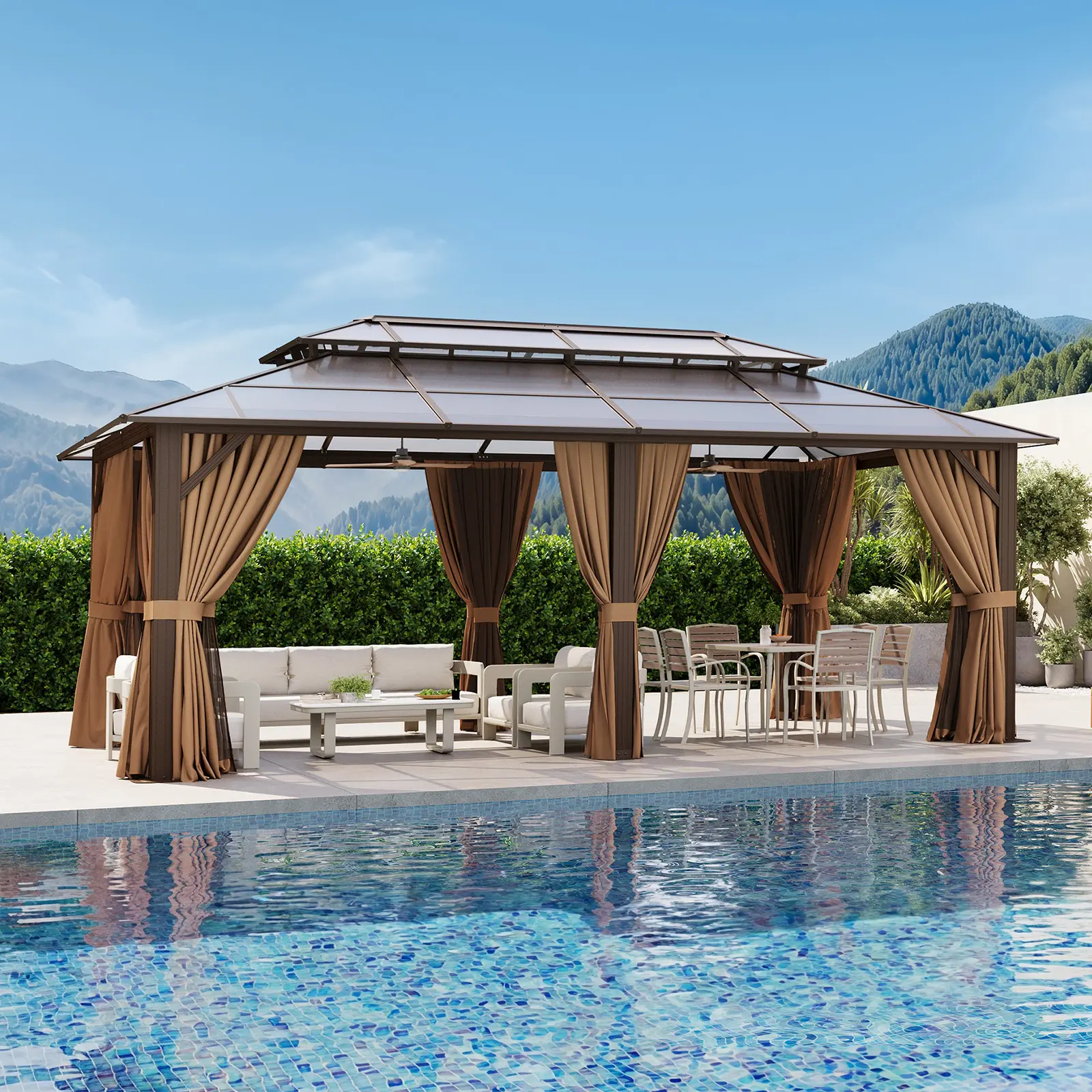 Aoxun 20'x12'/10'x14'/10'x12'/10'x10' Permanent Hardtop Gazebo, Double Wall Polycarbonate Roof Outdoor Patio Canopy, Heavy Duty Aluminum Frame with Privacy Curtains & Mosquito Net, All Season Wind Snow UV Resistant Backyard Pavilion