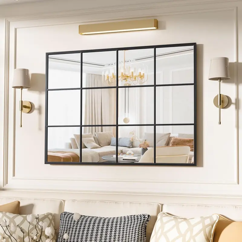 Sweetcrispy Minimalist Rectangle Durable Aluminium-Bordered Window Pane Decorative Wall Mirror - Vanity-Friendly, Safety-Enhanced, Highly Reflective, Easy-Install Wall-Mounted Home Decor Item for Bedroom, Living Room Aesthetic Decoration