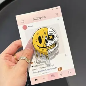 Dripping Melting Smiley Face Skull MagSafe Phone Grip, Half Smiley Half Skull Griptok, Neon Yellow Edgy Phone Stand, Trippy Aesthetic Accessory Gift