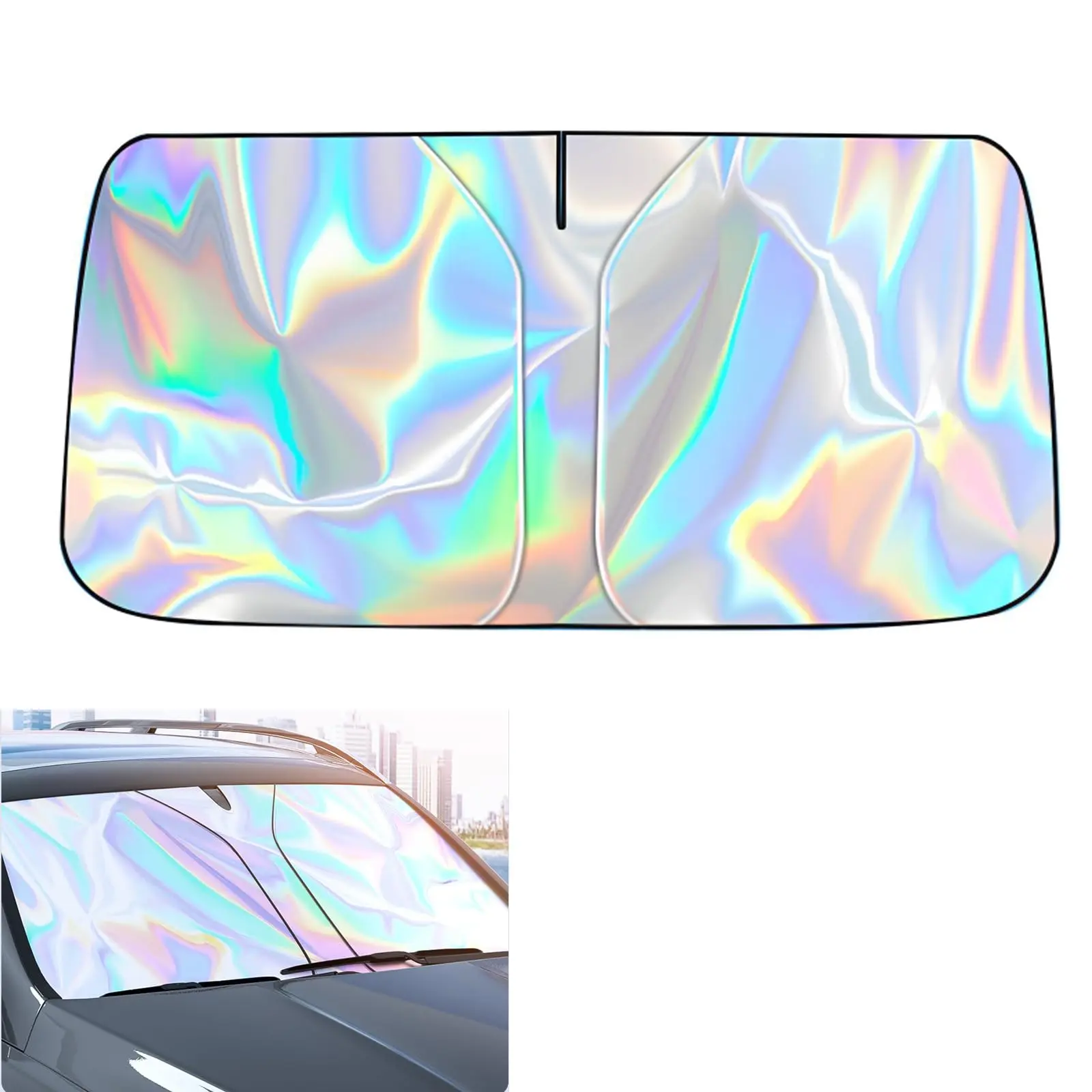 Foldable Windshield Sunshade Iridescent Heat Shield with Reflective Polyester Fabric UV Protection Car Sun Shade with Memory Steel Frame Keeps Interior Cool & Protects Dashboard (58 x 31 in)